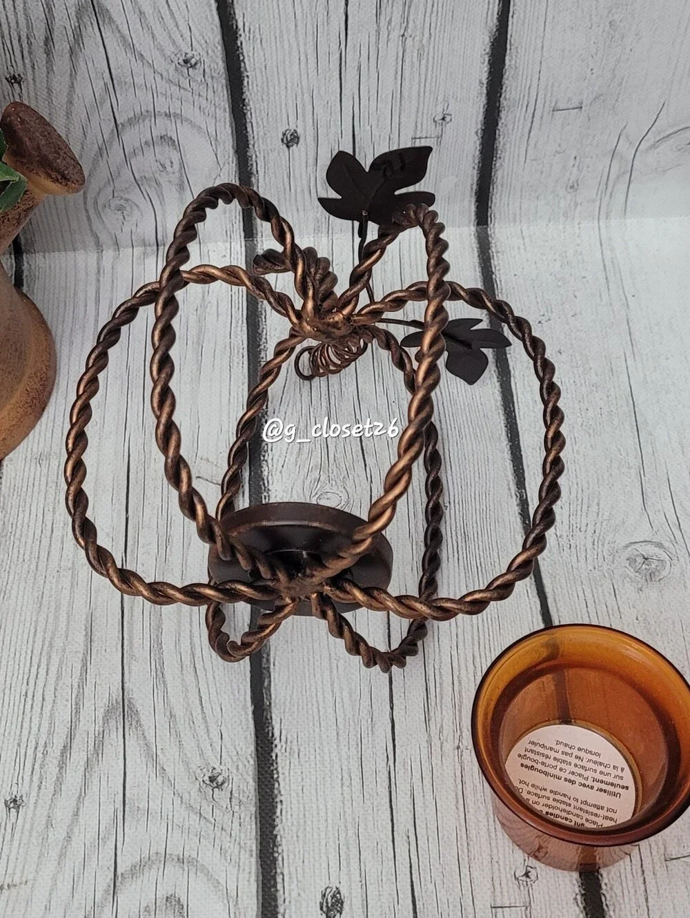 Amber Glass Pumpkin Votive Holder with Twisted Metal Frame